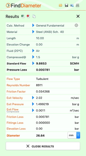 Pipe Flow Wizard Software Find Diameter Calculation Screen