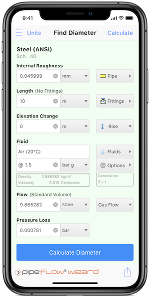 Pipe Flow Wizard Software Find Diameter Calculation Screen