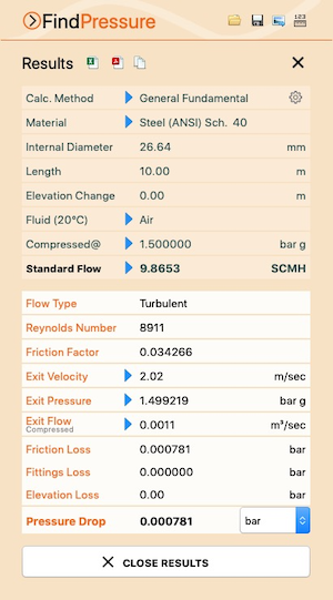 Pipe Flow Wizard Software Find Pressure Drop Results Screen