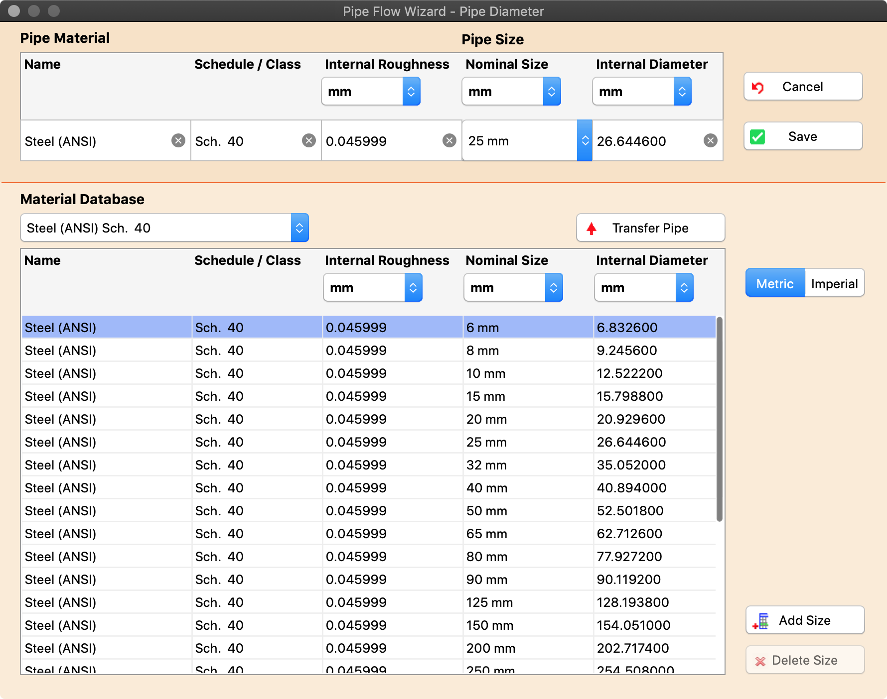 Pipe Flow Wizard Software Pipe Database Diameter Screen