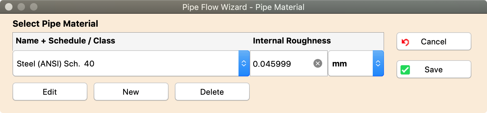 Pipe Flow Wizard Software Pipe Database Materials Screen